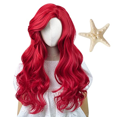 אדום בת ים פאה לילדים + כוכב ים סיכת ראש ארוך גלי נסיכת קוספליי שיער תלבושות חום עמיד סינטטי פאות עבור ליל כל הקדושים מסיבת חג המולד +
