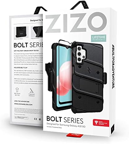 סדרת Zizo Bolt עבור Galaxy A32 5G Case עם שרוך הנרתיק של מגן המסך Kickstand - Black