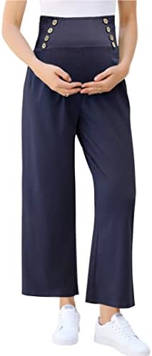 מכנסי יולדות כיף לנשים כפתור סוער במותניים גבוהות רגל רחבה מכנסי טרקלין ארוכים מכנסי טרנינג יוגה מזדמנים מכנסיים פאלאצו מכנסיים