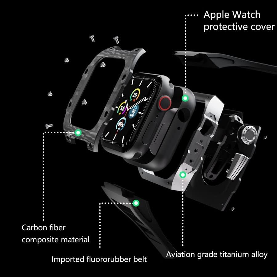 רצועת ערכת השינוי של Aemall לסדרת Apple Watch 7 SE 6 5 4 MOD מסגרת מתכת יוקרתית IWatch 45 ממ 44 ממ רצועת גומי+סיבי פחמן