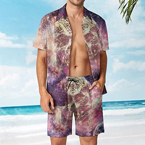גולגולת אפריקאית של Weedkeycat על תלבושות חוף גלקסי לגברים 2 חלקים כפתור הוואי למטה חולצה קצרה שרוול ומכנסיים קצרים.