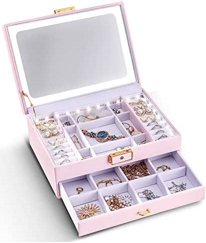 מארגן קופסאות תכשיטים Bblyanu עם מראה ומראה ואור LED, קופסאות תכשיטים עור PU לנשים עגילי מחזיק תכשיטים, שרשראות, מארגן צמידים