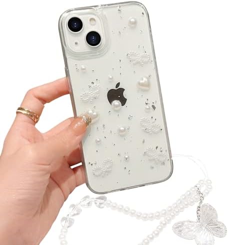 Zsytzl תואם לאייפון 11 מארז ברור חמוד 3D לב פרפר נצנצים עם עיצוב שרשרת פנינה לנשים Kawaii Glitter Slimsoft TPU מגן אטום הלם עבור פנינה