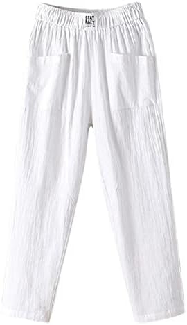 מכנסיים מזדמנים לנשים פשתן כותנה קצוץ מכנסי קפריס רחבים של רגל רחבה מכנסיים בכיסי המותניים הגבוהים