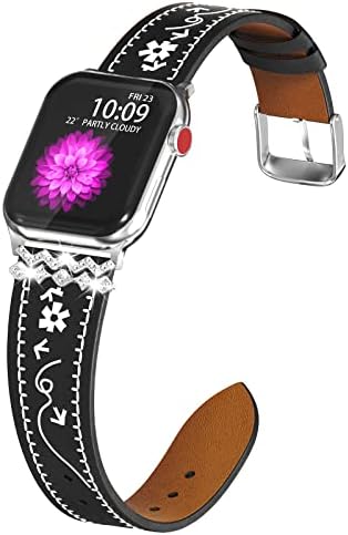 תואם להקת Apple Watch 38/40/41/42/44/45/49 ממ, רצועת עור פרחים לסדרת Apple Watch 7 6 5 4 3 2 1 להקות נשים אולטרה, פרחים רקומים ביד