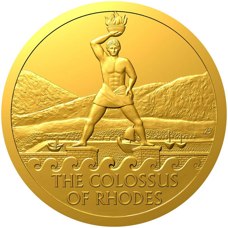 2023 DE Seven Floners Powercoin Colossus of Rhodes של העולם העתיק 1/10 גרם מטבע זהב 5 $ niue 2023 הוכחה