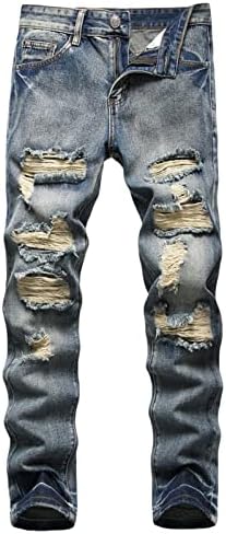 מכנסי ג 'ינס קרוע מזדמנים לגברים במצוקה רזה בכושר מכנסי ג' ינס ישרים קלאסיים שנהרסו מכנסי ג ' ינס שטופים
