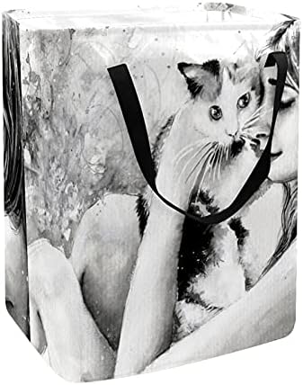 ילדה עם חתול סל כביסה גדול בד ארגונית תיק סל מתקפל כביסת עם ידיות