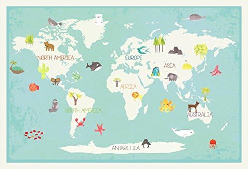 מפת העולם האינטראקטיבית שלנו, מפת עולם בהדפסת 05 על 07 אינץ', מפת אמנות קיר לילדים, מפת עולם לילדים, משתלה חינוכית, משתלה בנושא טבע, אמנות