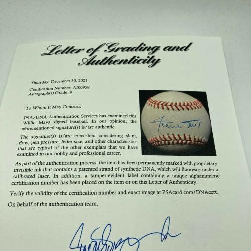 וילי מייס יפה החתום על הליגה הלאומית בייסבול PSA DNA COA מנטה 9 - כדורי בייסבול חתימה